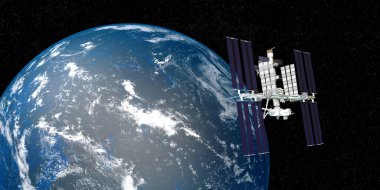 Dünya yörüngiden Uluslararası Uzay Istasyonu ISS son derece detaylı ve gerçekçi yüksek çözünürlüklü 3D Illustration. Uzay 'dan vuruldu. Bu görüntünün elemanları NASA tarafından döşenmiştir.