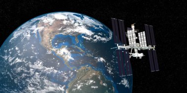 Dünya yörüngiden Uluslararası Uzay Istasyonu ISS son derece detaylı ve gerçekçi yüksek çözünürlüklü 3D Illustration. Uzay 'dan vuruldu. Bu görüntünün elemanları NASA tarafından döşenmiştir.