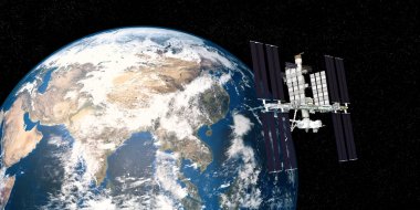 Dünya yörüngiden Uluslararası Uzay Istasyonu ISS son derece detaylı ve gerçekçi yüksek çözünürlüklü 3D Illustration. Uzay 'dan vuruldu. Bu görüntünün elemanları NASA tarafından döşenmiştir.