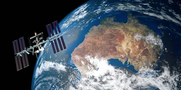 Dünya yörüngiden Uluslararası Uzay Istasyonu ISS son derece detaylı ve gerçekçi yüksek çözünürlüklü 3D Illustration. Uzay 'dan vuruldu. Bu görüntünün elemanları NASA tarafından döşenmiştir.