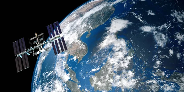 Dünya yörüngiden Uluslararası Uzay Istasyonu ISS son derece detaylı ve gerçekçi yüksek çözünürlüklü 3D Illustration. Uzay 'dan vuruldu. Bu görüntünün elemanları NASA tarafından döşenmiştir.