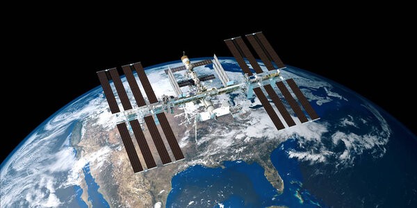 Extremely detailed and realistic high resolution 3D illustration of International Space Station ISS orbiting Earth. Shot from Space. Elements of this image are furnished by Nasa.