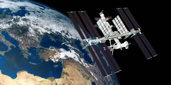 地球を周回する国際宇宙ステーションIssの非常に詳細で現実的な高解像度の3Dイラスト。宇宙から撮影。この画像の要素は、NASAによって供給されています. — ストック写真