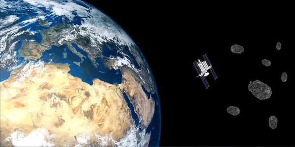 Zeer gedetailleerde en realistische hoge resolutie 3D illustratie van het internationale ruimte station ISS Orbiting Earth. Geschoten vanuit de ruimte. Elementen van dit beeld zijn ingericht door NASA. — Stockfoto