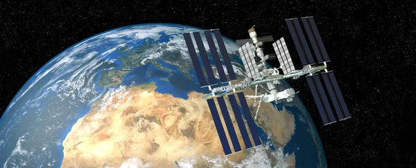 Dünya yörüngiden Uluslararası Uzay Istasyonu ISS son derece detaylı ve gerçekçi yüksek çözünürlüklü 3D Illustration. Uzay 'dan vuruldu. Bu görüntünün elemanları NASA tarafından döşenmiştir.