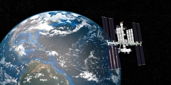국제 우주 정거장 Iss 지구 궤도의 매우 상세하고 현실적인 고해상도 3D 그림. 우주에서 촬영. 이 이미지의 요소는 Nasa에 의해 제공됩니다.. — 스톡 사진