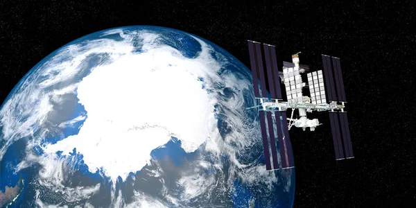 地球を周回する国際宇宙ステーションIssの非常に詳細で現実的な高解像度の3Dイラスト。宇宙から撮影。この画像の要素は、NASAによって供給されています. — ストック写真
