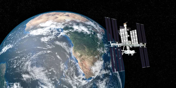 地球を周回する国際宇宙ステーションIssの非常に詳細で現実的な高解像度の3Dイラスト。宇宙から撮影。この画像の要素は、NASAによって供給されています. — ストック写真