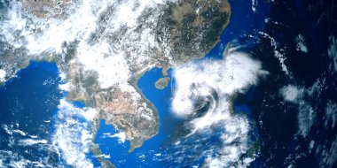 Asya 'da tropikal siklon, çok detaylı ve gerçekçi yüksek çözünürlüklü 3D görüntüleme. Bu görüntünün elementleri NASA tarafından döşenmiştir..