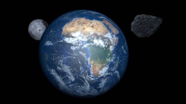 Asteroid dünyaya yaklaşıyor. Çok detaylı 3D illüstrasyon. Uzay 'dan vuruldu. Bu görüntünün elemanları NASA tarafından döşenmiştir