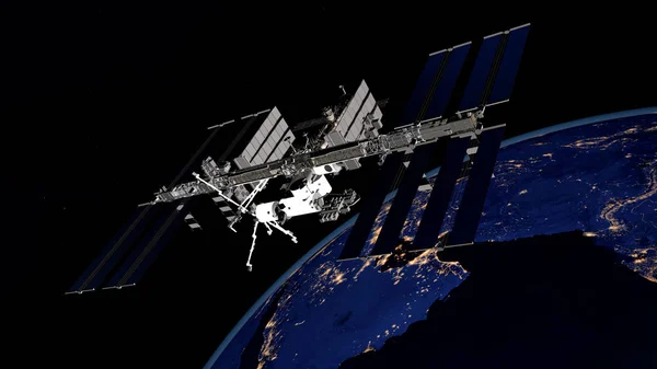 ISSの非常に詳細かつ現実的な3Dイラスト-地球を周回する国際宇宙ステーション。宇宙から撃たれた。この画像の要素はNasaによって提供されています. — ストック写真