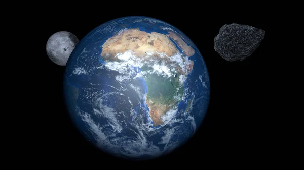 Asteroïde Nadert Aarde Zeer Gedetailleerde Illustratie Geschoten Vanuit Ruimte Elementen — Stockfoto