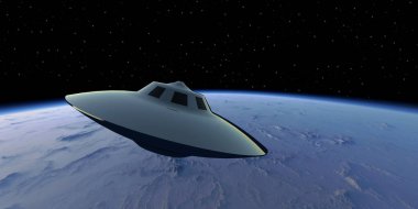 Bir Alien UFO uzay gemisi son derece detaylı ve gerçekçi 3D Illustration. Earth-gibi gezegen üzerinde Space Shot