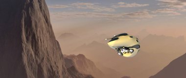 Gezegen ve drone gibi bir yeryüzünde bir Alien Landscape son derece detaylı ve gerçekçi 3D Illustration