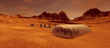 Mars 'ta bir Alien Landscape son derece detaylı ve gerçekçi yüksek çözünürlüklü 3D Illustration. İnsan kolonisi.