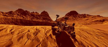 Mars 'ta bir Alien Landscape son derece detaylı ve gerçekçi yüksek çözünürlüklü 3D Illustration. Merak Rover. Bu görüntünün elemanları NASA tarafından döşenmiştir.