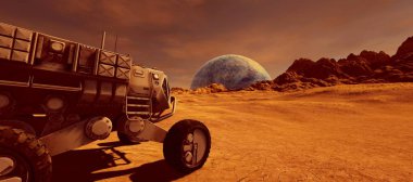 Mars 'ta bir Alien Landscape son derece detaylı ve gerçekçi yüksek çözünürlüklü 3D Illustration. Human Colony, astronot, araç ve UFO. Bu görüntünün elemanları NASA tarafından döşenmiştir.