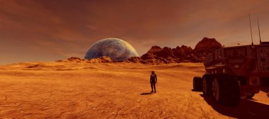 Mars 'ta bir Alien Landscape son derece detaylı ve gerçekçi yüksek çözünürlüklü 3D Illustration. Human Colony, astronot, araç ve UFO. Bu görüntünün elemanları NASA tarafından döşenmiştir.
