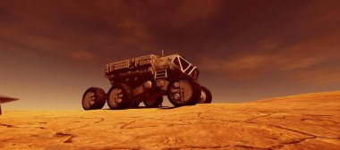 Mars'ta bir Alien Manzara son derece ayrıntılı ve gerçekçi yüksek çözünürlüklü 3d illüstrasyon. İnsan Kolonisi, astronot, araç ve Ufo