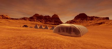 Mars'ta bir Alien Manzara son derece ayrıntılı ve gerçekçi yüksek çözünürlüklü 3d illüstrasyon. İnsan Kolonisi, araç ve güneş panelleri 