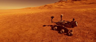 Mars 'ta bir Alien Landscape son derece detaylı ve gerçekçi yüksek çözünürlüklü 3D Illustration. Merak Rover. Bu görüntünün elemanları NASA tarafından döşenmiştir.
