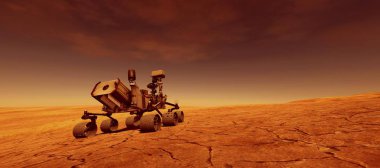 Mars 'ta bir Alien Landscape son derece detaylı ve gerçekçi yüksek çözünürlüklü 3D Illustration. Merak Rover. Bu görüntünün elemanları NASA tarafından döşenmiştir.