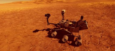 Mars.Curiosity Rover bir Alien Manzara son derece ayrıntılı ve gerçekçi yüksek çözünürlüklü 3d illüstrasyon. Bu görüntünün unsurları Nasa tarafından döşenmiştir.