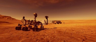 Mars.Curiosity Rover bir Alien Manzara son derece ayrıntılı ve gerçekçi yüksek çözünürlüklü 3d illüstrasyon. Bu görüntünün unsurları Nasa tarafından döşenmiştir.