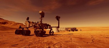 Mars.Curiosity Rover bir Alien Manzara son derece ayrıntılı ve gerçekçi yüksek çözünürlüklü 3d illüstrasyon. Bu görüntünün unsurları Nasa tarafından döşenmiştir.