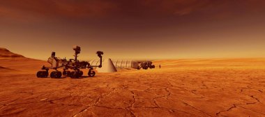 Mars.Curiosity Rover bir Alien Manzara son derece ayrıntılı ve gerçekçi yüksek çözünürlüklü 3d illüstrasyon. Bu görüntünün unsurları Nasa tarafından döşenmiştir.