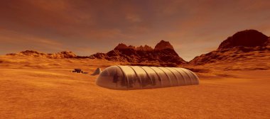 Mars'ta bir Alien Manzara son derece ayrıntılı ve gerçekçi yüksek çözünürlüklü 3d illüstrasyon. Kızıl Gezegen'deki insan kolonisi. Bu görüntünün unsurları Nasa tarafından döşenmiştir.