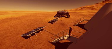 Mars'ta bir Alien Manzara son derece ayrıntılı ve gerçekçi yüksek çözünürlüklü 3d illüstrasyon. Kızıl Gezegen'deki insan kolonisi. Bu görüntünün unsurları Nasa tarafından döşenmiştir.