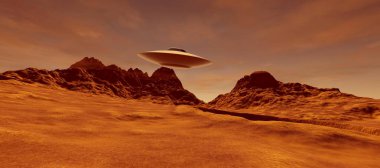 Mars'ta bir Alien Manzara son derece ayrıntılı ve gerçekçi yüksek çözünürlüklü 3d illüstrasyon. Kızıl Gezegende Ufo. 