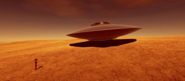 Mars'ta bir Alien Manzara son derece ayrıntılı ve gerçekçi yüksek çözünürlüklü 3d illüstrasyon. Kızıl Gezegende Ufo. 
