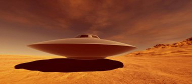 Mars'ta bir Alien Manzara son derece ayrıntılı ve gerçekçi yüksek çözünürlüklü 3d illüstrasyon. Kızıl Gezegende Ufo. 