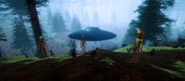 Bir ormanda duran bir Gri Alien son derece ayrıntılı ve gerçekçi yüksek çözünürlüklü 3d illüstrasyon