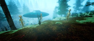 Bir ormanda duran bir Gri Alien son derece ayrıntılı ve gerçekçi yüksek çözünürlüklü 3d illüstrasyon