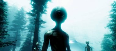 Bir ormanda duran bir Gri Alien son derece ayrıntılı ve gerçekçi yüksek çözünürlüklü 3d illüstrasyon
