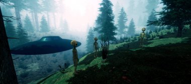 Bir ormanda duran bir Gri Alien son derece ayrıntılı ve gerçekçi yüksek çözünürlüklü 3d illüstrasyon