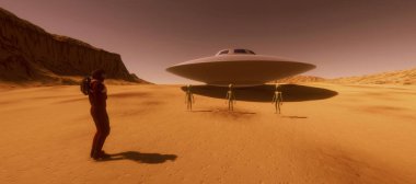 Son derece ayrıntılı ve gerçekçi yüksek çözünürlüklü 3d illüstrasyon gezegen gibi bir Mars üzerinde gri bir alien feauturing