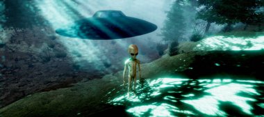 Bir ormanda duran bir Gri Alien son derece ayrıntılı ve gerçekçi yüksek çözünürlüklü 3d illüstrasyon