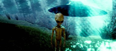 Extremely detailed and realistic high resolution 3d illustration of a Grey Alien standing in a forest clipart