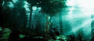 Bir ormanda duran bir Gri Alien son derece ayrıntılı ve gerçekçi yüksek çözünürlüklü 3d illüstrasyon