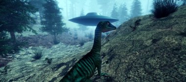 Extremely detailed and realistic high resolution 3d illustration of a Dinosaur encountering an Alien Ufo clipart