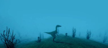 Ormanda bir Compsognathus Dinozor Son derece ayrıntılı ve gerçekçi yüksek çözünürlüklü 3d illüstrasyon.