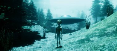 Bir ormanda duran bir Gri Alien son derece ayrıntılı ve gerçekçi yüksek çözünürlüklü 3d illüstrasyon
