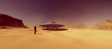 Son derece ayrıntılı ve gerçekçi yüksek çözünürlüklü 3d illüstrasyon gezegen gibi bir Mars üzerinde gri bir alien feauturing