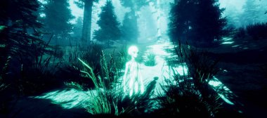 Bir ormanda duran bir Gri Alien son derece ayrıntılı ve gerçekçi yüksek çözünürlüklü 3d illüstrasyon
