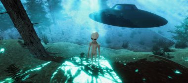 Bir ormanda duran bir Gri Alien son derece ayrıntılı ve gerçekçi yüksek çözünürlüklü 3d illüstrasyon