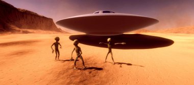 Son derece ayrıntılı ve gerçekçi yüksek çözünürlüklü 3d illüstrasyon feauturing 3 dans Gri Yabancılar bir Mars gezegen gibi